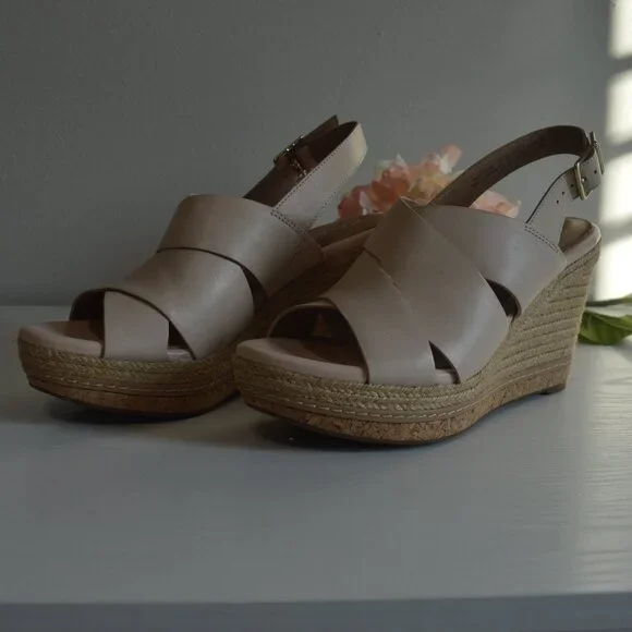 Clarks Amelia Dally Ecru Leather Espadrille Wedge Sandals - Picture 8 of 12